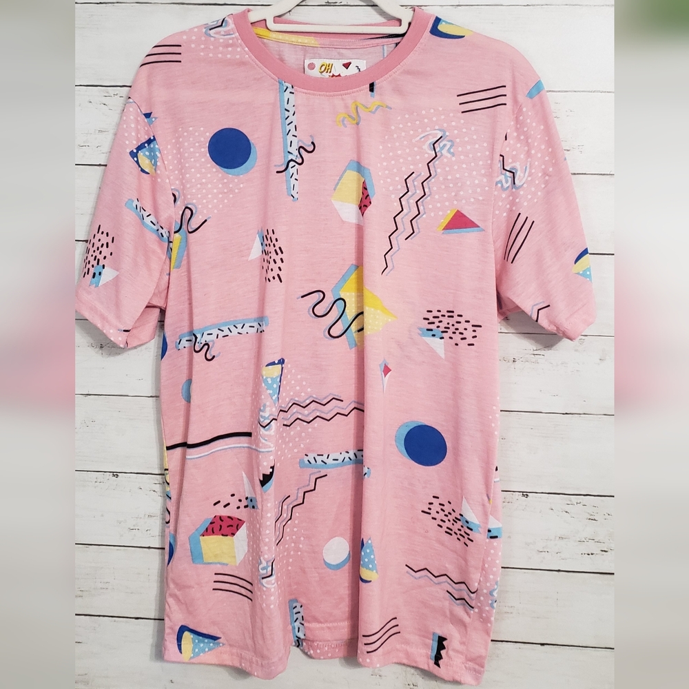 Oh Snap! Colorful Geo Allover Print Short Sleeve Pnk Tee 80s-90s Retro Skater